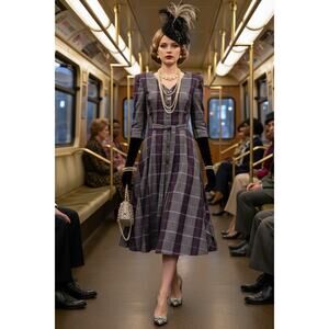 Vintage 80s Dark Academia Purple Plaid Wool Statement Collar Midi Dress M